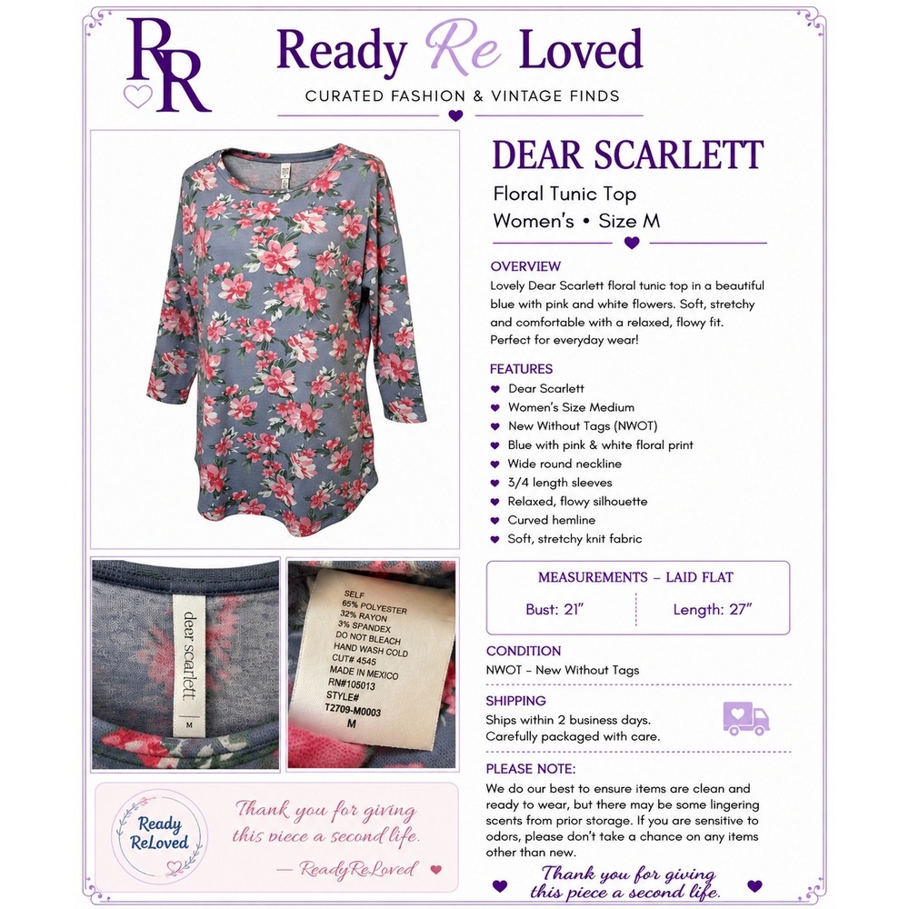 Dear Scarlett Women's M Blue Pink Floral Tunic Top 3/4 Sleeve NWOT - Picture 8 of 8